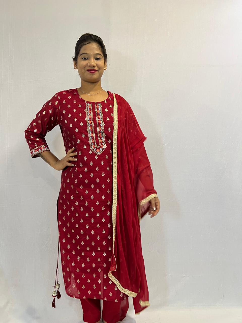 Nazneen 3 Piece Suit (Red & Green)