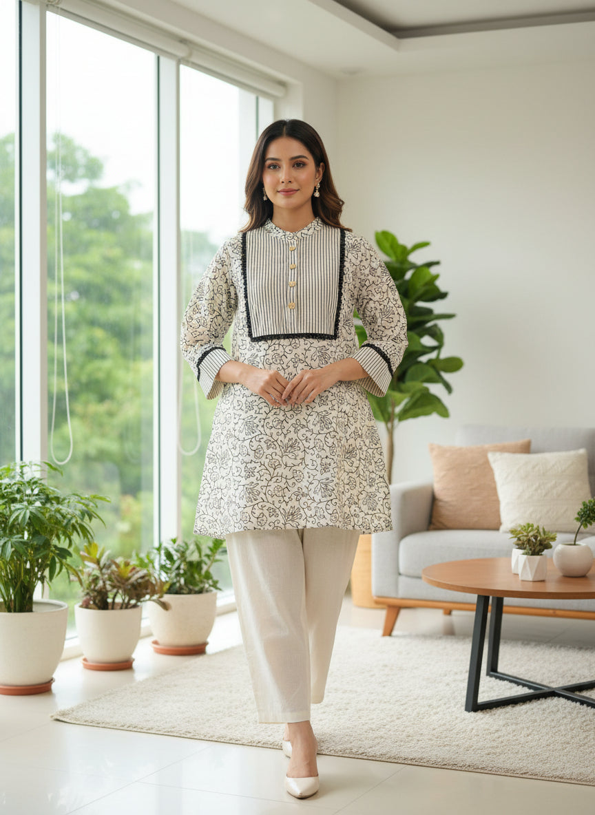 Woman in a floral dress standing in a modern living room with large windows and plants.